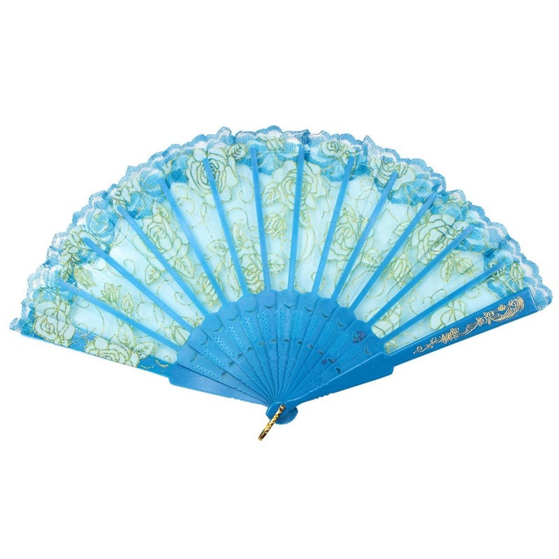 Newstarfactory Lace Flowers Design Plastic Folding Hand Held Fan (Blue) - Image 2